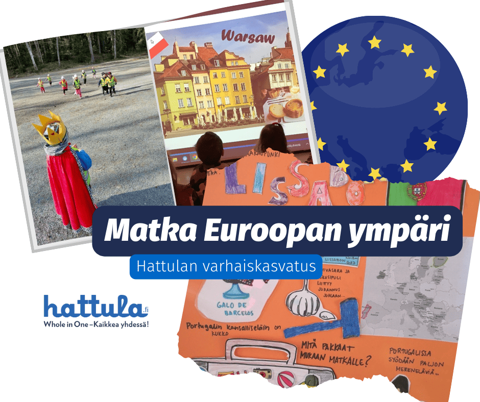 Matka Euroopan ympäri - varhaiskasvatuksen Eurooppa-päivän juliste. Kuvassa kolme valokuvaa, jossa lapset leikkivät, katsovat videota ja ovat tehneet maaesittelyn. Taustalla EU:n logo.
