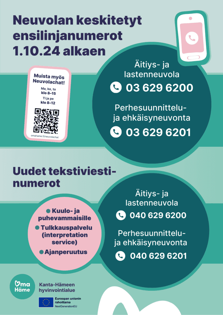 Neuvolan keskitetyt ensilinjanumerot 1.10.2024 alkaen: Äitiys- ja lastenneuvola 03 629 6200. Perhesuunnittelu- ja ehkäisyneuvola 03 629 6201. Tekstiviestinumerot kuulo- ja puhevammaisille, tulkkauspalvelu ja ajanperuutus samat puhelinnumerot, mutta suuntanumeron 03 sijaan 040 alkuun.