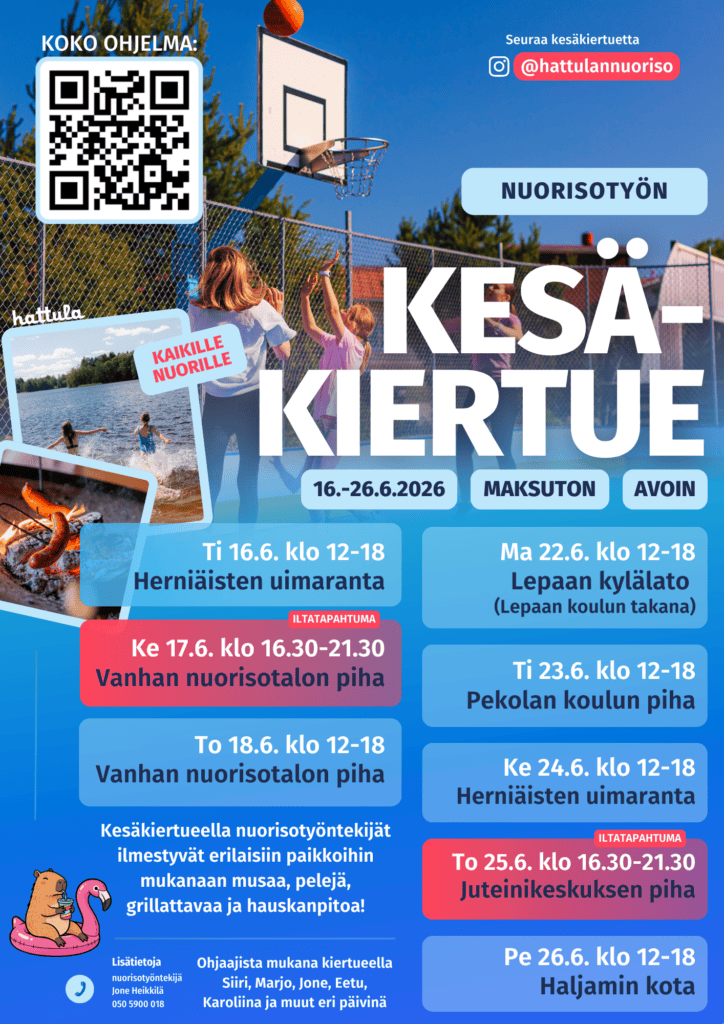 Nuorisotyön kesäkiertueen mainos, jossa taustalla nuoret pelaavat koripalloa.